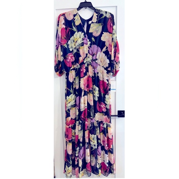 NWT Taylor Plus Size V-Neck Chiffon Elbow-Sleeve Maxi Dress Navy Lilac size 20W - Picture 8 of 12